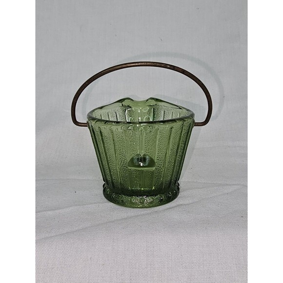 Vintage Green Ribbed Glass “Wash Bucket” Basket Metal Handle Mid-Century Decor - Picture 4 of 10